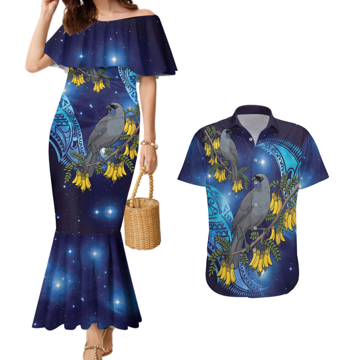 New Zealand Kokako Bird Couples Matching Mermaid Dress and Hawaiian Shirt Kowhai Galaxy Style Polynesian Pattern