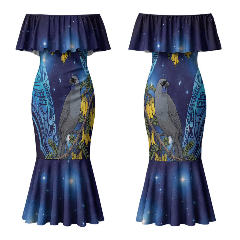 New Zealand Kokako Bird Couples Matching Mermaid Dress and Hawaiian Shirt Kowhai Galaxy Style Polynesian Pattern LT22 - Polynesian Pride