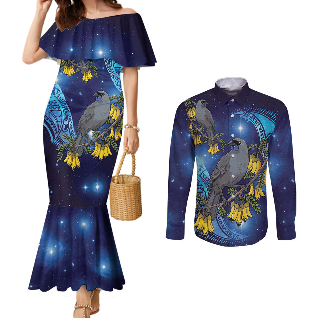 New Zealand Kokako Bird Couples Matching Mermaid Dress and Long Sleeve Button Shirt Kowhai Galaxy Style Polynesian Pattern LT22 Blue - Polynesian Pride