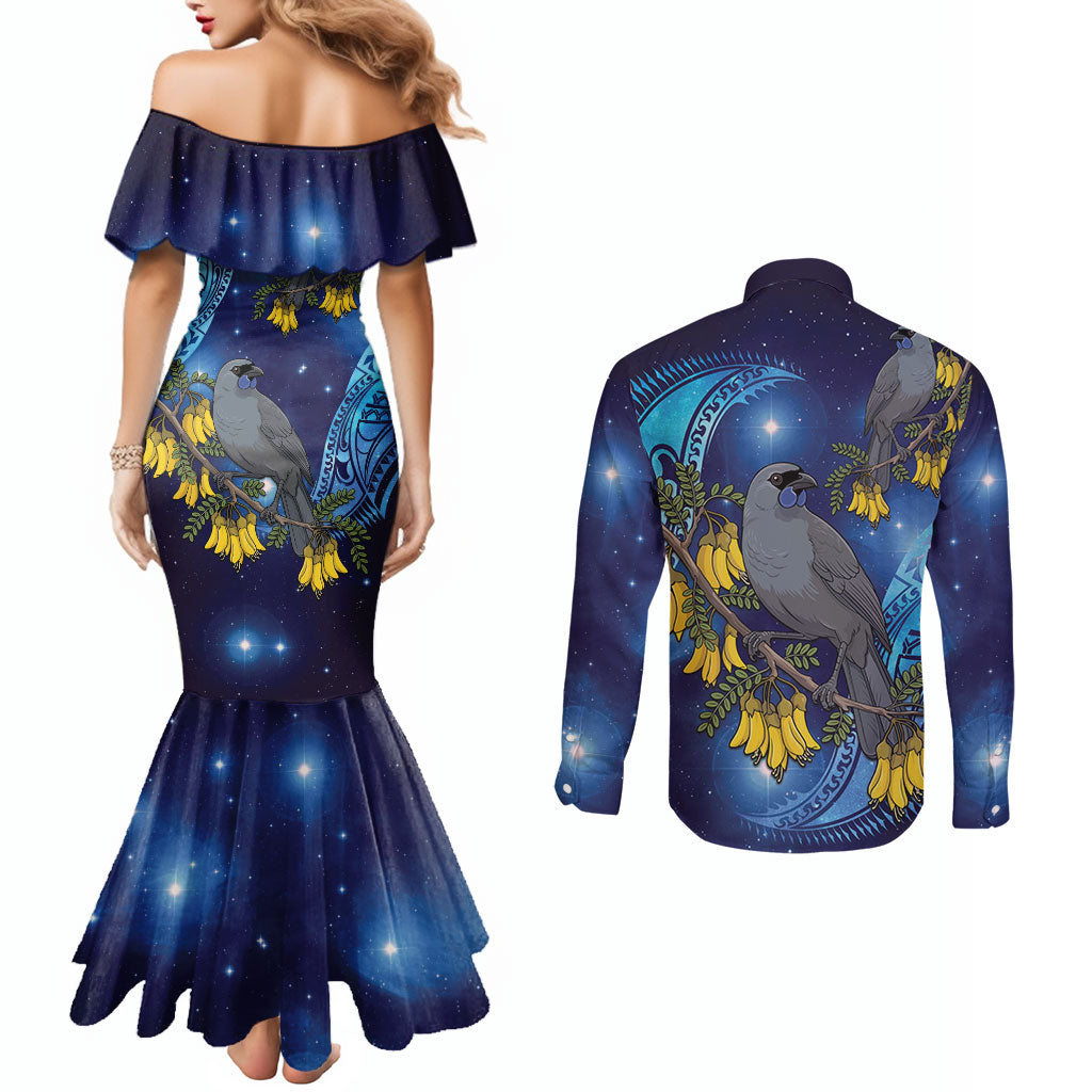 New Zealand Kokako Bird Couples Matching Mermaid Dress and Long Sleeve Button Shirt Kowhai Galaxy Style Polynesian Pattern