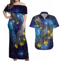 New Zealand Kokako Bird Couples Matching Off Shoulder Maxi Dress and Hawaiian Shirt Kowhai Galaxy Style Polynesian Pattern