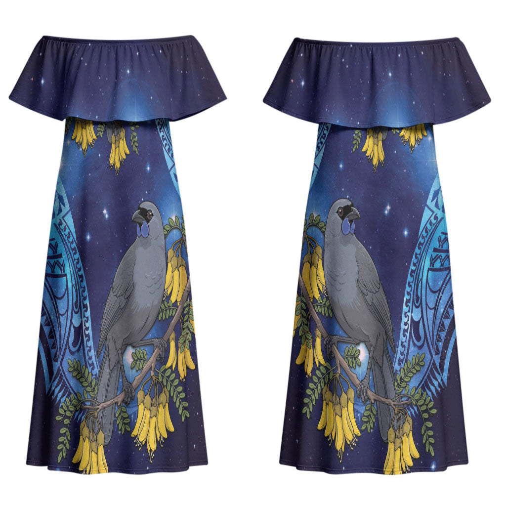 New Zealand Kokako Bird Couples Matching Off Shoulder Maxi Dress and Long Sleeve Button Shirt Kowhai Galaxy Style Polynesian Pattern LT22 - Polynesian Pride
