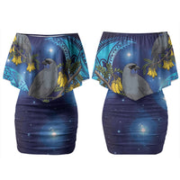 New Zealand Kokako Bird Couples Matching Off Shoulder Short Dress and Long Sleeve Button Shirt Kowhai Galaxy Style Polynesian Pattern LT22 - Polynesian Pride