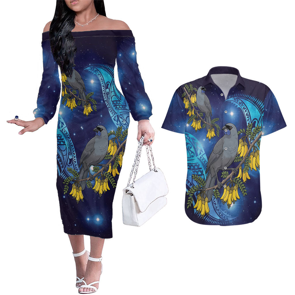 New Zealand Kokako Bird Couples Matching Off The Shoulder Long Sleeve Dress and Hawaiian Shirt Kowhai Galaxy Style Polynesian Pattern