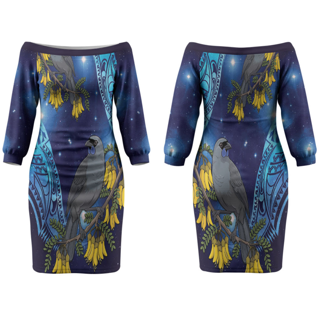 New Zealand Kokako Bird Couples Matching Off The Shoulder Long Sleeve Dress and Hawaiian Shirt Kowhai Galaxy Style Polynesian Pattern LT22 - Polynesian Pride