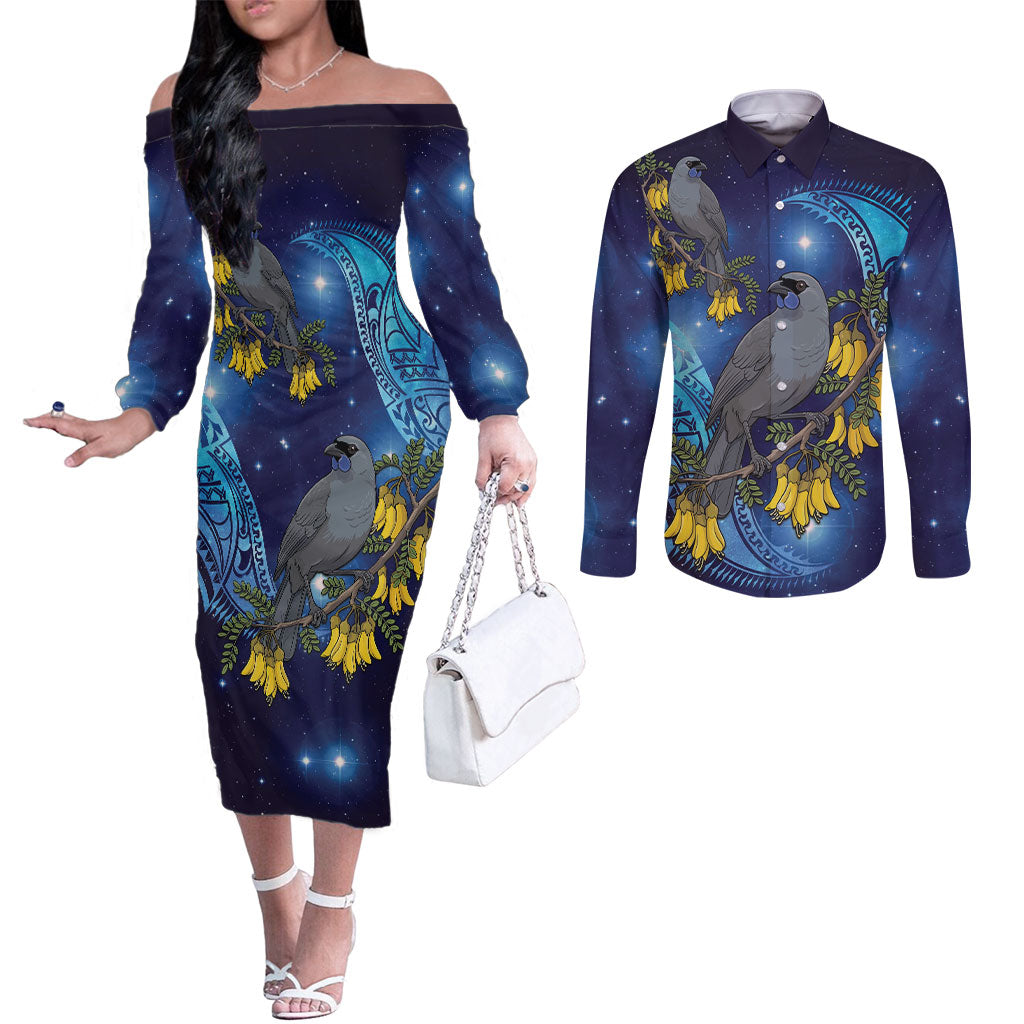 New Zealand Kokako Bird Couples Matching Off The Shoulder Long Sleeve Dress and Long Sleeve Button Shirt Kowhai Galaxy Style Polynesian Pattern LT22 Blue - Polynesian Pride