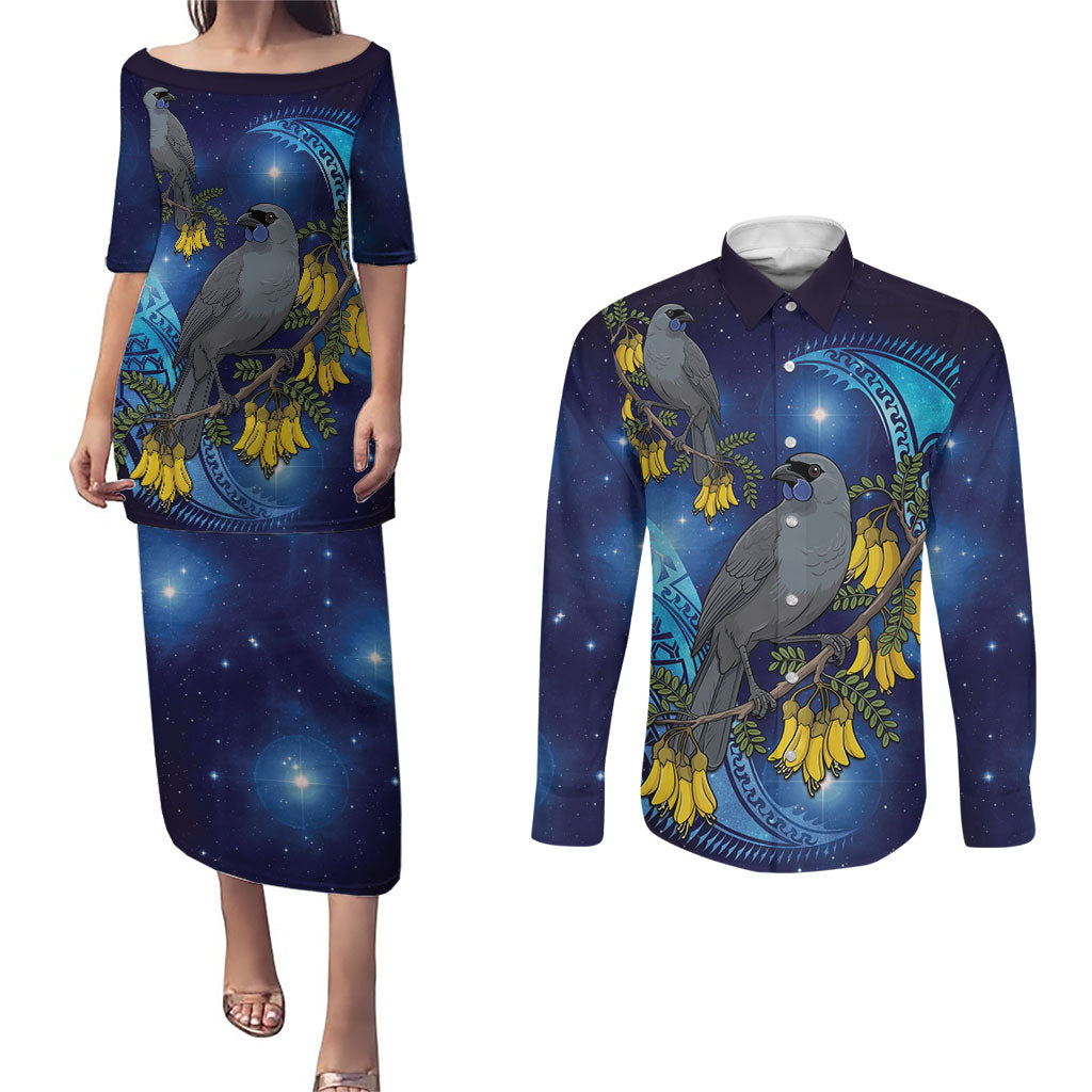New Zealand Kokako Bird Couples Matching Puletasi and Long Sleeve Button Shirt Kowhai Galaxy Style Polynesian Pattern