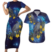 New Zealand Kokako Bird Couples Matching Short Sleeve Bodycon Dress and Hawaiian Shirt Kowhai Galaxy Style Polynesian Pattern
