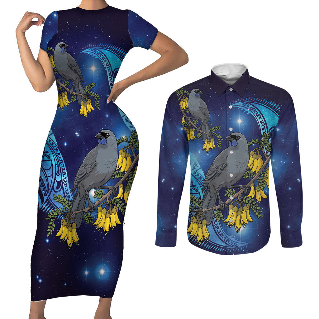 New Zealand Kokako Bird Couples Matching Short Sleeve Bodycon Dress and Long Sleeve Button Shirt Kowhai Galaxy Style Polynesian Pattern