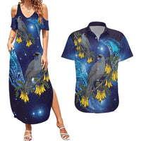 New Zealand Kokako Bird Couples Matching Summer Maxi Dress and Hawaiian Shirt Kowhai Galaxy Style Polynesian Pattern