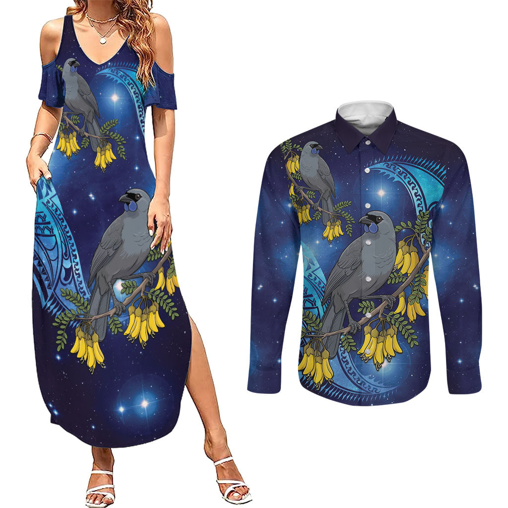 New Zealand Kokako Bird Couples Matching Summer Maxi Dress and Long Sleeve Button Shirt Kowhai Galaxy Style Polynesian Pattern LT22 Blue - Polynesian Pride