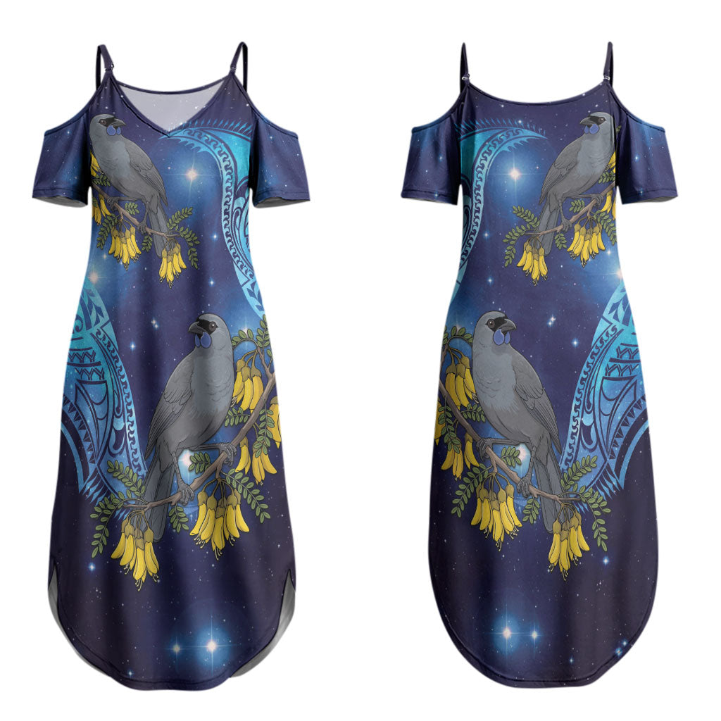 New Zealand Kokako Bird Couples Matching Summer Maxi Dress and Long Sleeve Button Shirt Kowhai Galaxy Style Polynesian Pattern LT22 - Polynesian Pride