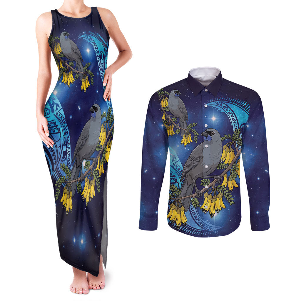 New Zealand Kokako Bird Couples Matching Tank Maxi Dress and Long Sleeve Button Shirt Kowhai Galaxy Style Polynesian Pattern LT22 Blue - Polynesian Pride