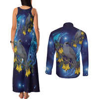 New Zealand Kokako Bird Couples Matching Tank Maxi Dress and Long Sleeve Button Shirt Kowhai Galaxy Style Polynesian Pattern