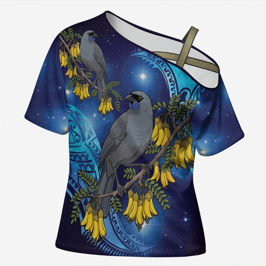 New Zealand Kokako Bird Cross Shoulder Shirt Kowhai Galaxy Style Polynesian Pattern