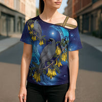 New Zealand Kokako Bird Cross Shoulder Shirt Kowhai Galaxy Style Polynesian Pattern