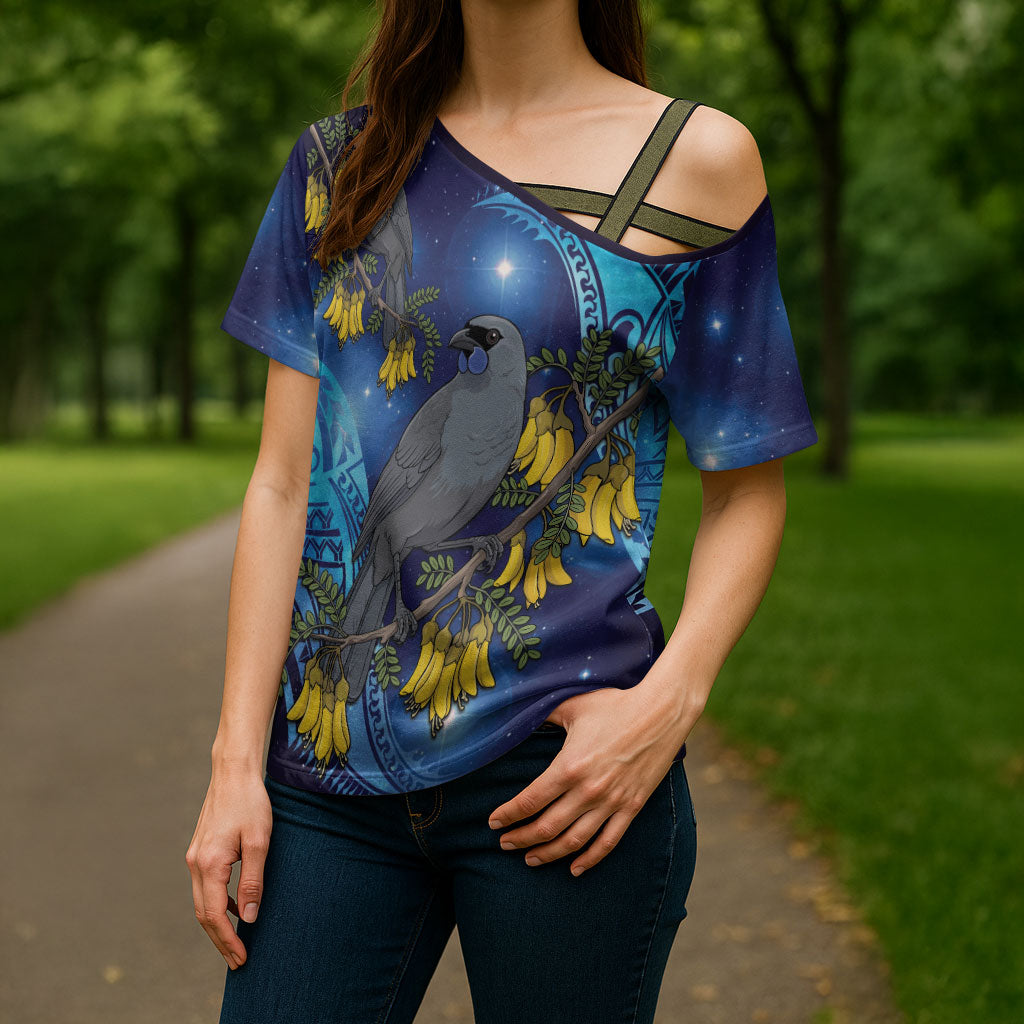 New Zealand Kokako Bird Cross Shoulder Shirt Kowhai Galaxy Style Polynesian Pattern