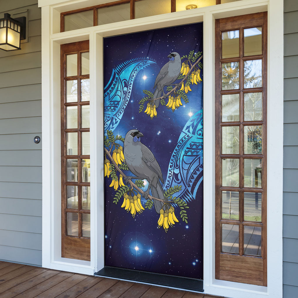 New Zealand Kokako Bird Door Cover Kowhai Galaxy Style Polynesian Pattern
