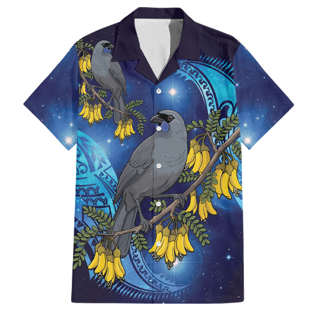 New Zealand Kokako Bird Family Matching Long Sleeve Bodycon Dress and Hawaiian Shirt Kowhai Galaxy Style Polynesian Pattern