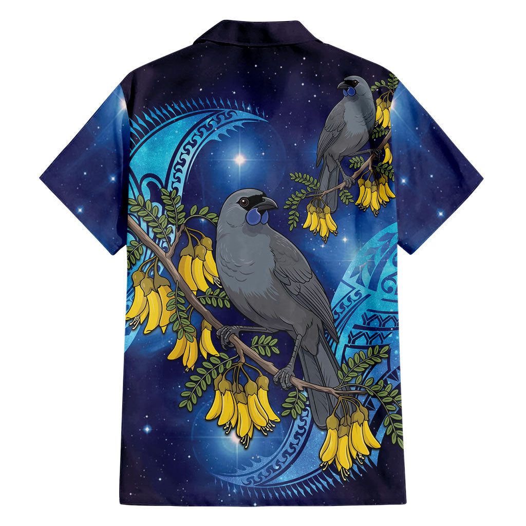 New Zealand Kokako Bird Family Matching Long Sleeve Bodycon Dress and Hawaiian Shirt Kowhai Galaxy Style Polynesian Pattern