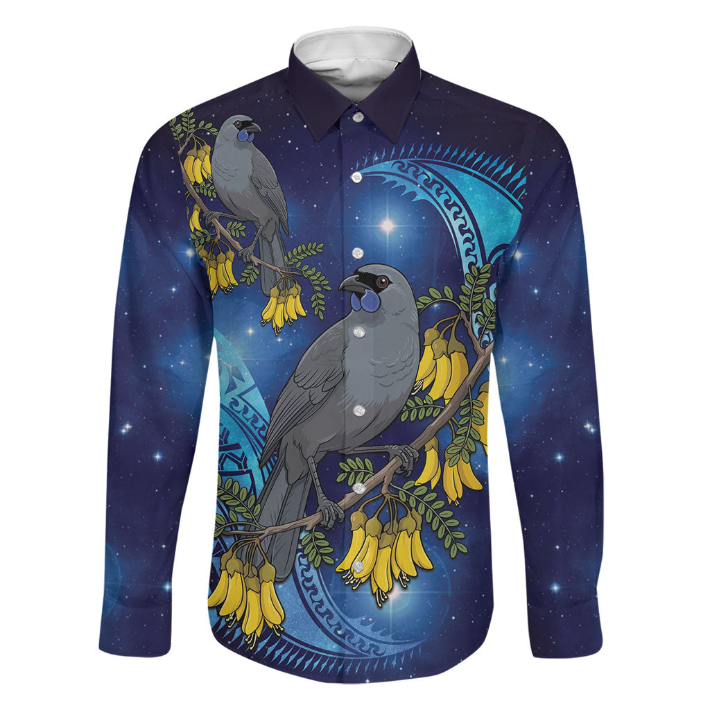 New Zealand Kokako Bird Family Matching Long Sleeve Bodycon Dress and Hawaiian Shirt Kowhai Galaxy Style Polynesian Pattern