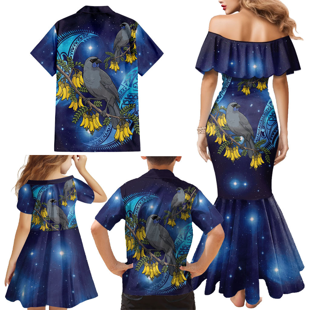 New Zealand Kokako Bird Family Matching Mermaid Dress and Hawaiian Shirt Kowhai Galaxy Style Polynesian Pattern