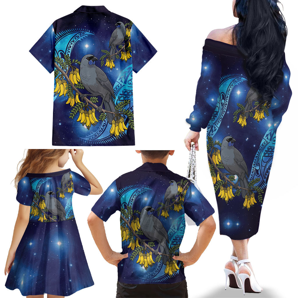 New Zealand Kokako Bird Family Matching Off The Shoulder Long Sleeve Dress and Hawaiian Shirt Kowhai Galaxy Style Polynesian Pattern