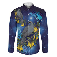 New Zealand Kokako Bird Family Matching Off The Shoulder Long Sleeve Dress and Hawaiian Shirt Kowhai Galaxy Style Polynesian Pattern