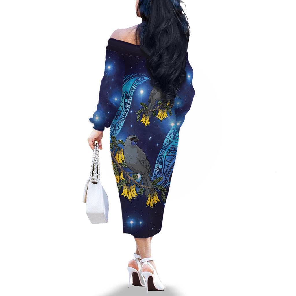 New Zealand Kokako Bird Family Matching Off The Shoulder Long Sleeve Dress and Hawaiian Shirt Kowhai Galaxy Style Polynesian Pattern