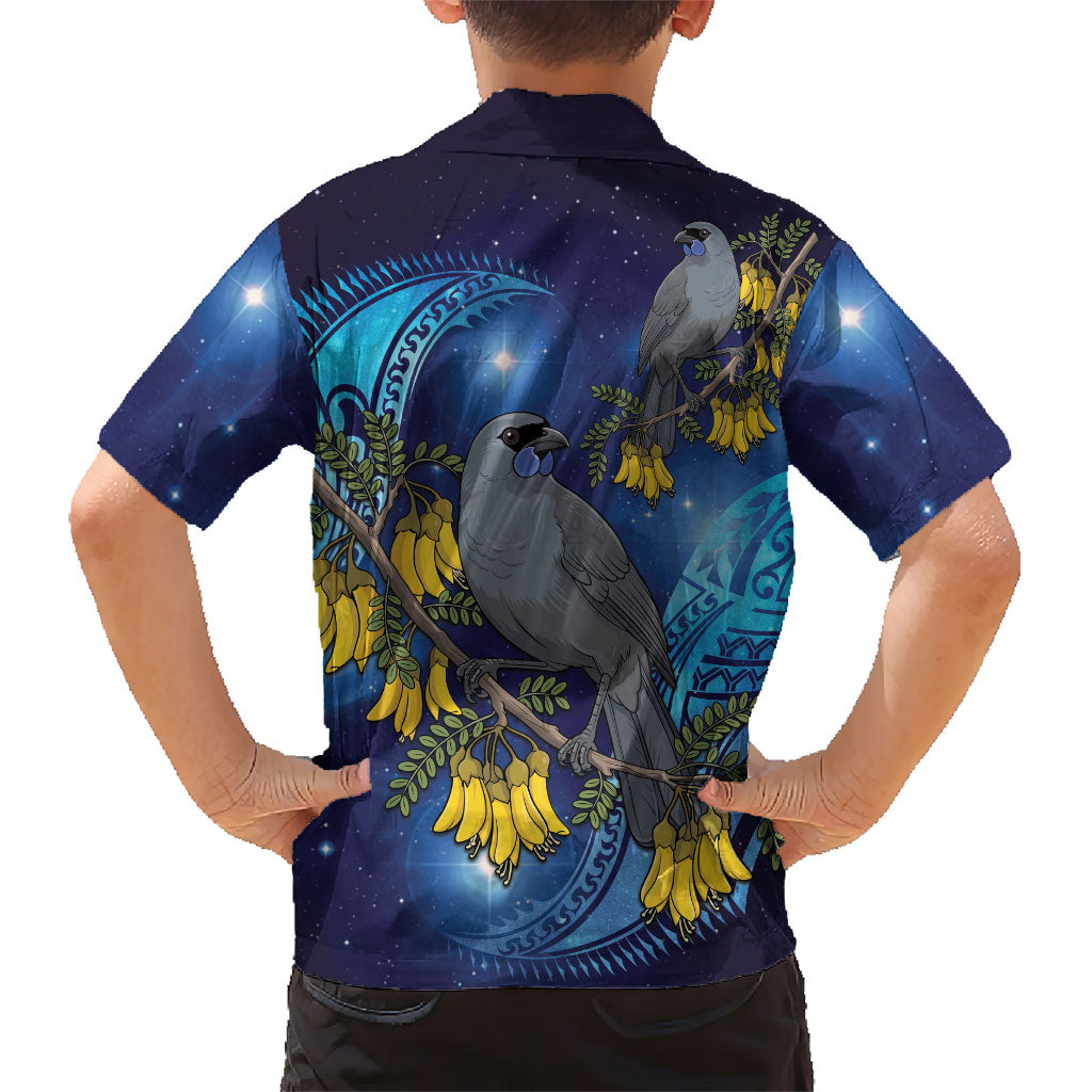 New Zealand Kokako Bird Family Matching Off Shoulder Maxi Dress and Hawaiian Shirt Kowhai Galaxy Style Polynesian Pattern