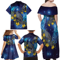 New Zealand Kokako Bird Family Matching Off Shoulder Maxi Dress and Hawaiian Shirt Kowhai Galaxy Style Polynesian Pattern