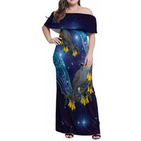 New Zealand Kokako Bird Family Matching Off Shoulder Maxi Dress and Hawaiian Shirt Kowhai Galaxy Style Polynesian Pattern