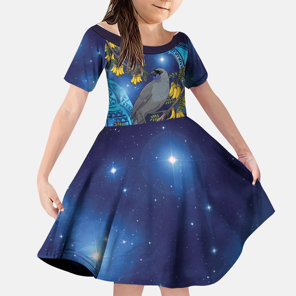 New Zealand Kokako Bird Family Matching Short Sleeve Bodycon Dress and Hawaiian Shirt Kowhai Galaxy Style Polynesian Pattern