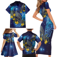 New Zealand Kokako Bird Family Matching Short Sleeve Bodycon Dress and Hawaiian Shirt Kowhai Galaxy Style Polynesian Pattern