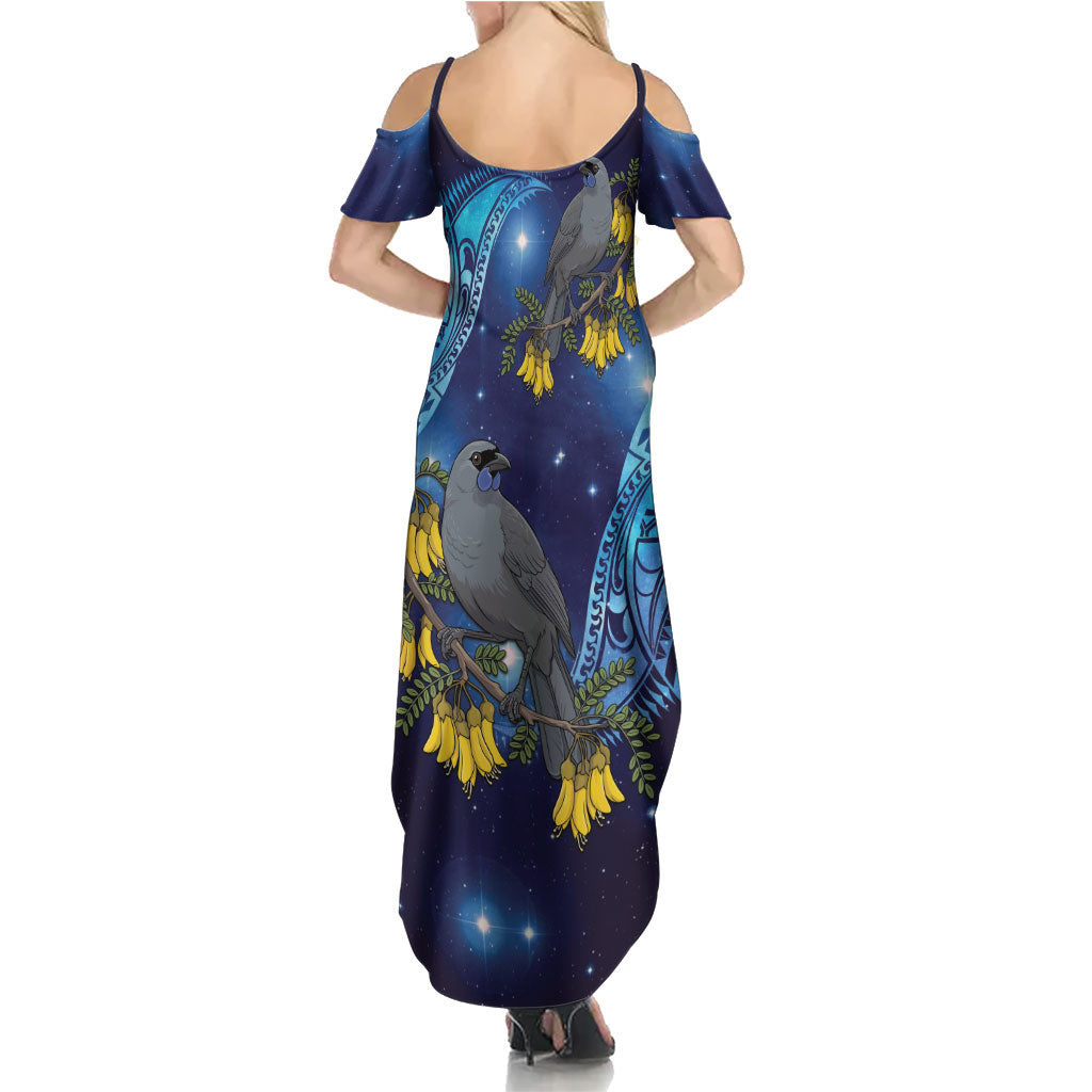New Zealand Kokako Bird Family Matching Summer Maxi Dress and Hawaiian Shirt Kowhai Galaxy Style Polynesian Pattern