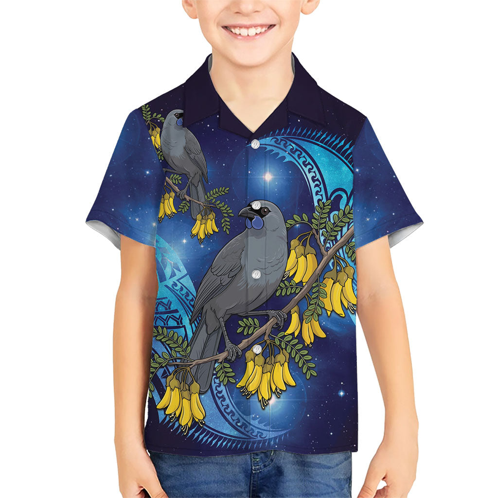 New Zealand Kokako Bird Family Matching Tank Maxi Dress and Hawaiian Shirt Kowhai Galaxy Style Polynesian Pattern
