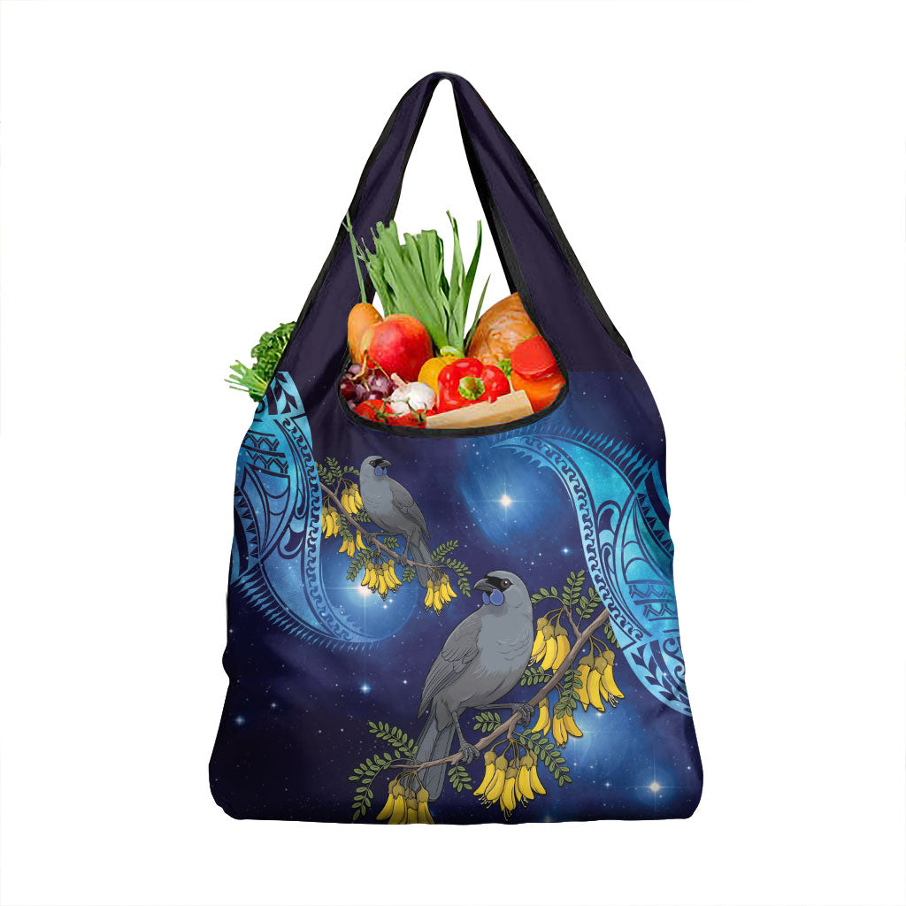 New Zealand Kokako Bird Grocery Bag Kowhai Galaxy Style Polynesian Pattern