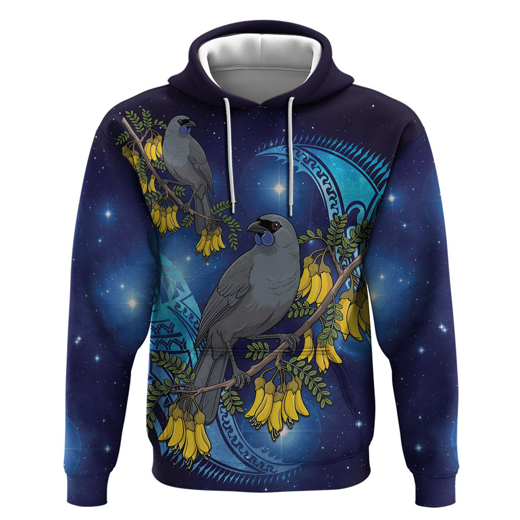 New Zealand Kokako Bird Hoodie Kowhai Galaxy Style Polynesian Pattern