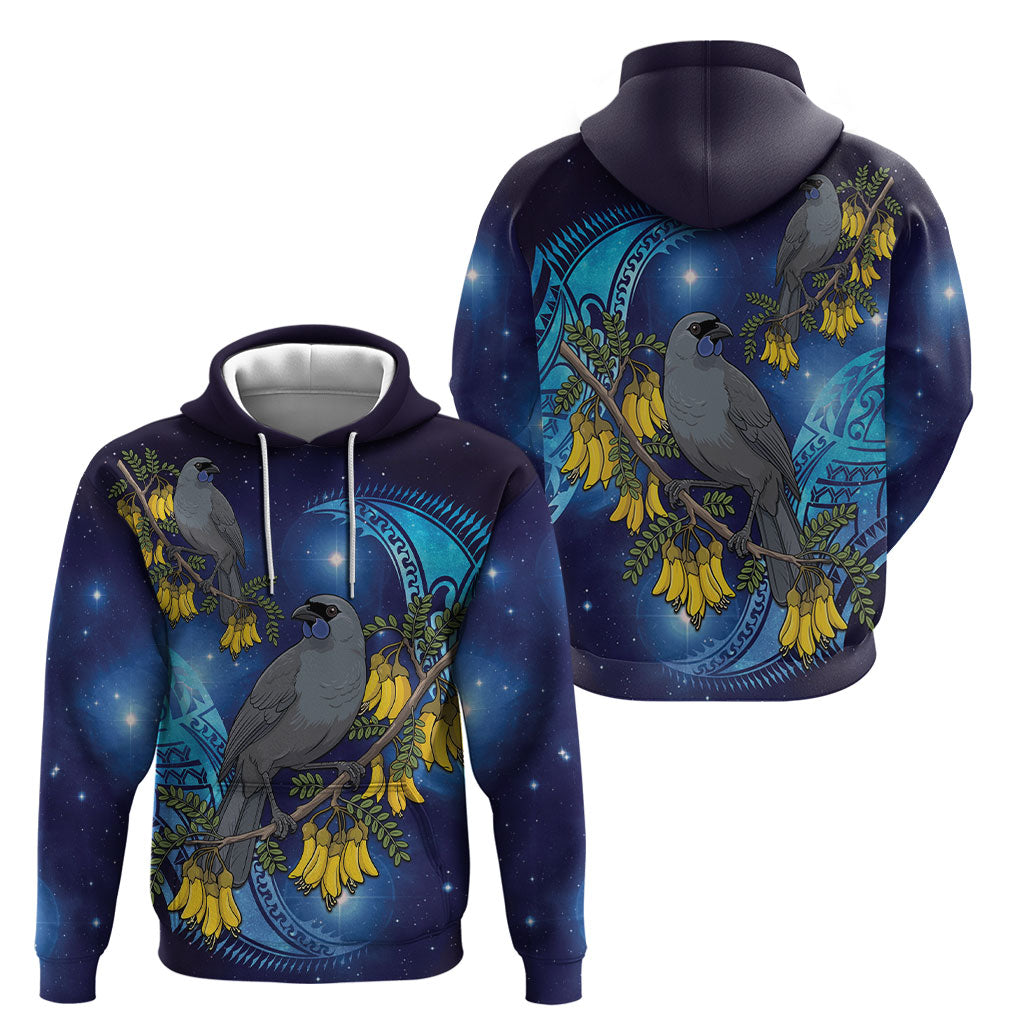 New Zealand Kokako Bird Hoodie Kowhai Galaxy Style Polynesian Pattern