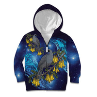 New Zealand Kokako Bird Kid Hoodie Kowhai Galaxy Style Polynesian Pattern