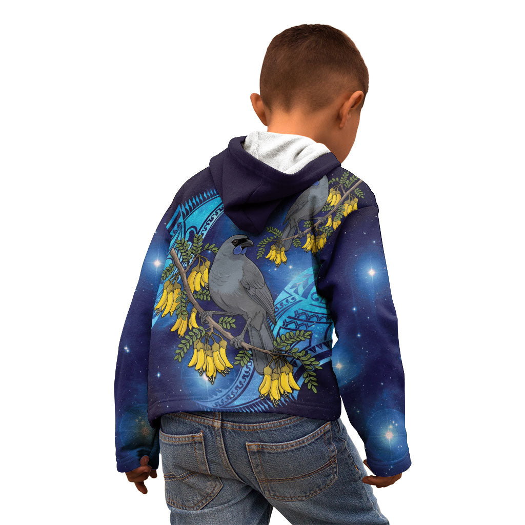 New Zealand Kokako Bird Kid Hoodie Kowhai Galaxy Style Polynesian Pattern