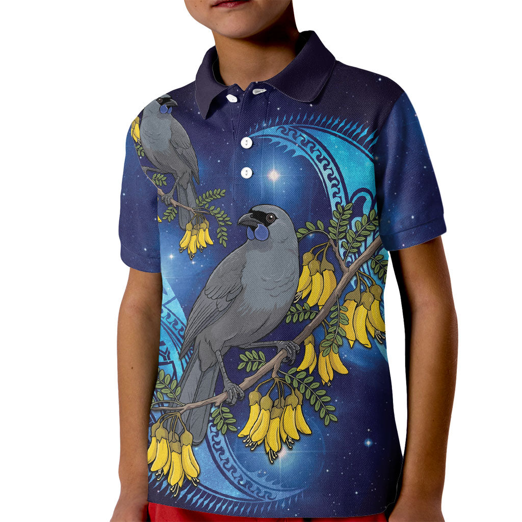 New Zealand Kokako Bird Kid Polo Shirt Kowhai Galaxy Style Polynesian Pattern