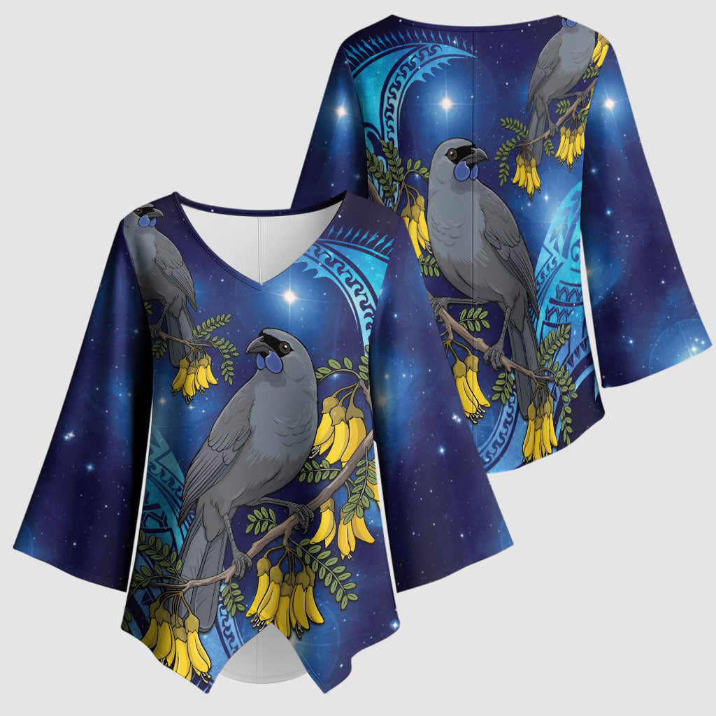 New Zealand Kokako Bird Kimono Sleeve Blouse Kowhai Galaxy Style Polynesian Pattern