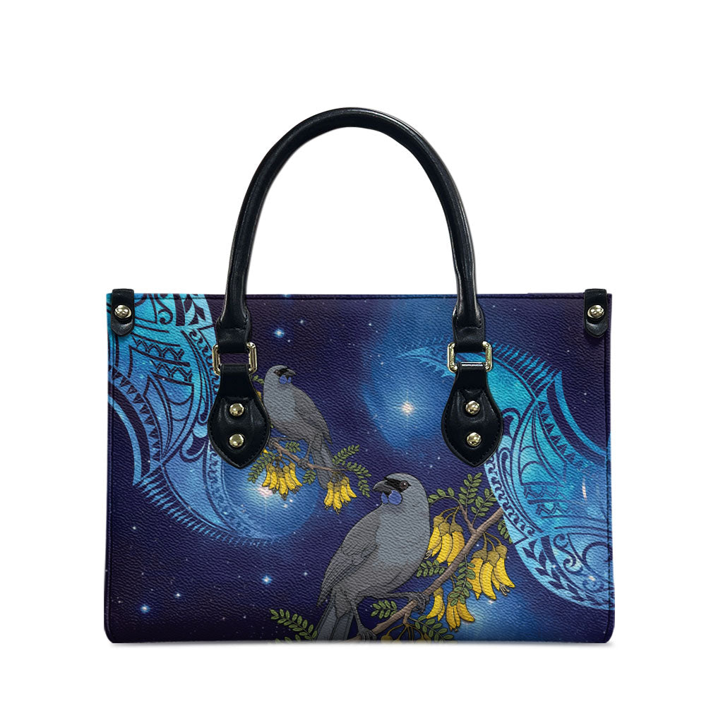 New Zealand Kokako Bird Leather Bag Kowhai Galaxy Style Polynesian Pattern