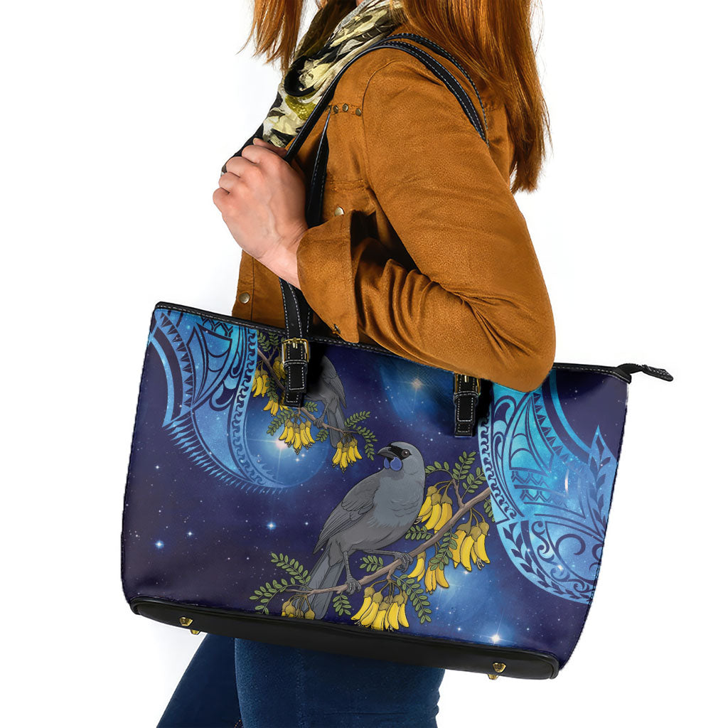 New Zealand Kokako Bird Leather Tote Bag Kowhai Galaxy Style Polynesian Pattern