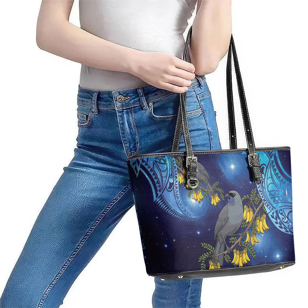 New Zealand Kokako Bird Leather Tote Bag Kowhai Galaxy Style Polynesian Pattern