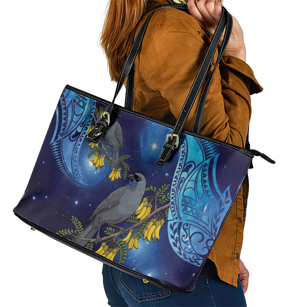 New Zealand Kokako Bird Leather Tote Bag Kowhai Galaxy Style Polynesian Pattern