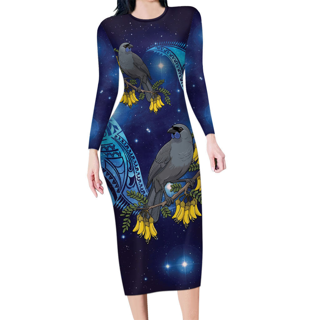 New Zealand Kokako Bird Long Sleeve Bodycon Dress Kowhai Galaxy Style Polynesian Pattern