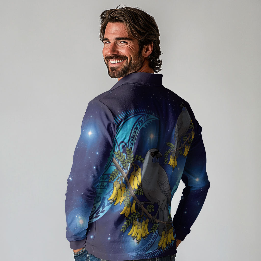 New Zealand Kokako Bird Long Sleeve Polo Shirt Kowhai Galaxy Style Polynesian Pattern