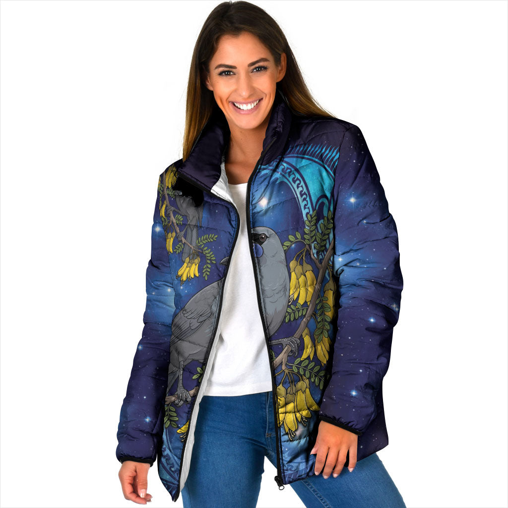 New Zealand Kokako Bird Padded Jacket Kowhai Galaxy Style Polynesian Pattern